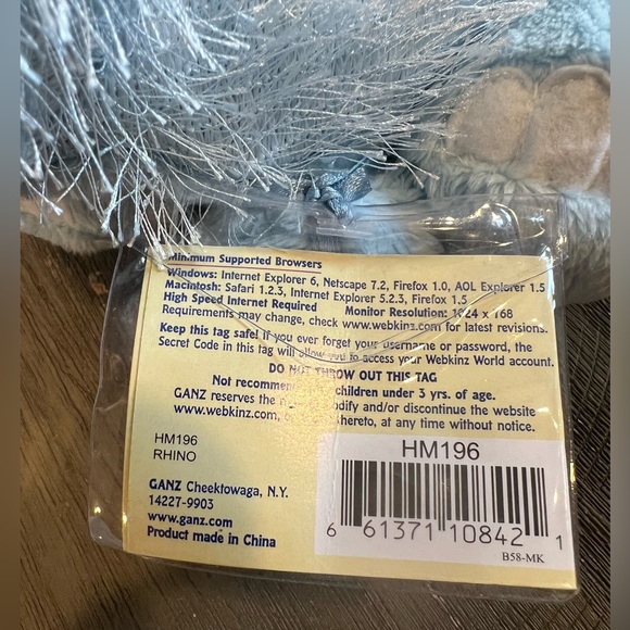 RETIRED Ganz Webkinz Rhino Plush Hm196 New With Tags Unused Sealed Code - Picture 3 of 3